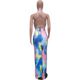 Women's Tie Dye Print Sling Low Back Slit Dress