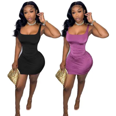 Women's Fashion Solid Color U-Neck straps Dress Short Skirt