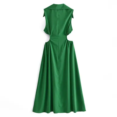 spring and summer fashion and elegant lapel v-neck sleeveless waist hollow a-line dress women