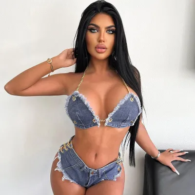 Summer Chain Halter Neck Crop Top And Sexy Denim Shorts Casual Two-Piece Set