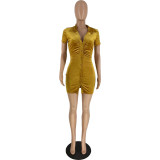 Women's Fashion Solid Turndown Collar Button Up Short Sleeve Velvet Casual Dress