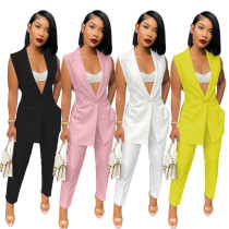 Women's Casual Solid Color Slit Suit Sleeveless Two Piece Pants Set (with Belt)