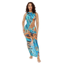 Women Printed Dress With Mesh Swimsuit Bikini Three-Piece Set