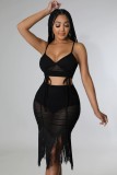 Women's Fashion Sexy Solid Color Straps Drawstring See-Through Mesh Ruched Fringe Tassels Two-Piece Skirt Set