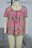 women's printed top summer Loose Casual Short Sleeve boho top