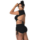 Women Solid Backless Top And Shorts Pleated Two Piece