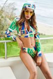 Women Printed Bikini Long Sleeve Zip Swimsuit Three Piece