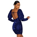 Women Sequin Backless Shoulder Pad Puff Sleeve Party mini Dress