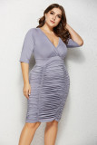 Plus Size Women Deep V Neck Solid Pleated Bodycon Dress