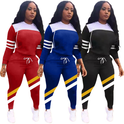 Women's Autumn and Winter Stripes Fashion Sports Hooded Casual Two Piece Pants Set