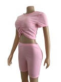 Women Pleated Crop Top And Shorts Sexy Solid Two Piece Set