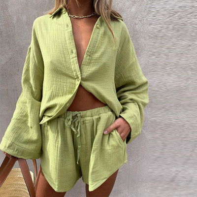 Summer Women Casual Loose Long Sleeve Shirt + Shorts Two Piece Set