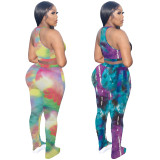 Women's Tie Dye Print Tank Top Stacked Trousers Tracksuit Two Piece