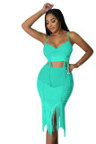 Women's Fashion Sexy Solid Color Straps Drawstring See-Through Mesh Ruched Fringe Tassels Two-Piece Skirt Set