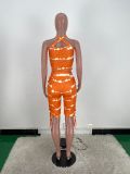 Women's Digital Print Sexy V-Neck Crop Tank Lace-Up Shorts Two Piece Set