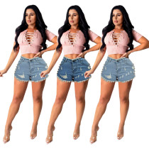 Women Summer High Waist Frayed Rib Wash Denim Shorts