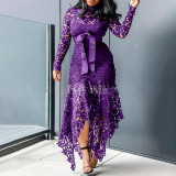 Women Elegant Lace Long Sleeve Stand Collar Irregular Long Dress