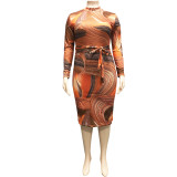 Plus Size Women Print Zipper Front And Back Two-Side Dressed Wear Bodycon Dress