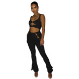 Women's Spring/Summer Tank Top Cutout Ribbed Button Trousers Two Piece
