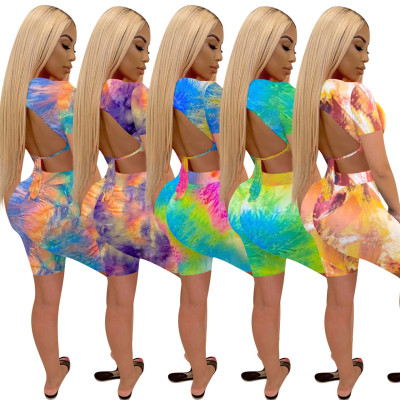 Women's Low Back Lace-Up Tie Dye Print Short Sleeve Two Piece Shorts Set