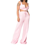 Summer Women Solid sexy crop top and loose wide leg pants two-piece set