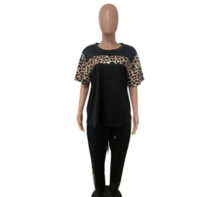 Women Casual Leopard Patchwork Short Sleeve T-shirt+pant Two Piece Set