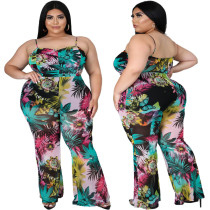 Plus Size Women's flower Leaf Print Trendy Casual Strap Jumpsuit