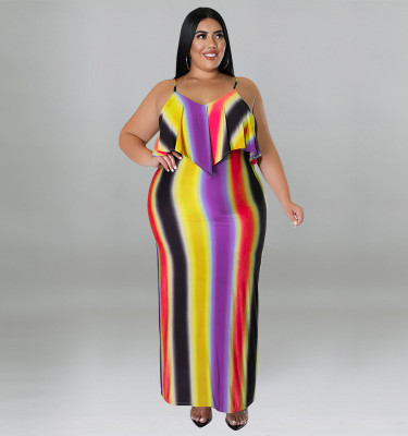 Plus Size Women's Summer 2022 Intercolor Print Sling Sexy Bodycon Dress