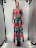 Women Summer Sexy Halter Print Long Slit Dress