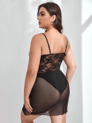 Women Plus Size Sexy See Through Lace Mesh Patchwork Babydoll Lingerie Set