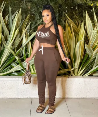 Women's Letter Print Sleeveless Sport casual Two-Piece Pants Set