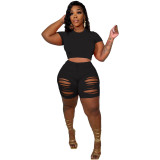 Women's Solid Color Short Sleeve Ripped Fashion Casual Two Piece Shorts Set