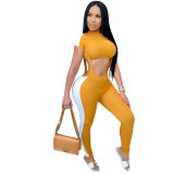 Women Sexy Colorblocking Short Sleeve Top And Suspender Pant Two Piece Set