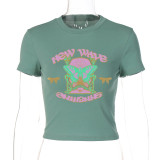 Women Summer Vintage Butterfly Print Round Neck Short Sleevet Shirt