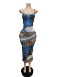Summer Dress Positioning Print Mesh Dress halter neck low back Breathable Dress