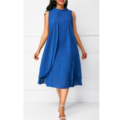 Plus Size Solid Turtleneck Sleeveless Casual Swing Career Dress