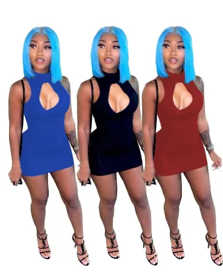 High-neck sleeveless sexy hollow out bodycon nightclub mini dress
