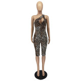 Women's Summer Fashion Cutout One Shoulder Leopard Print Jumpsuit