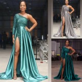 Spring Sequin Dress Sexy Long Sleeve Wedding Green Split Evening Dress