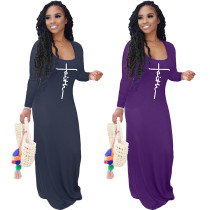 Women's Fashion Print Solid Color Long Sleeve Maxi Dress