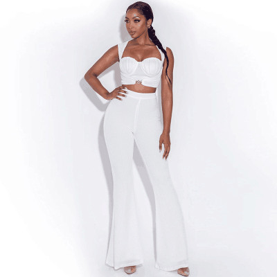 Women Chic Stretch Bandeau Top And Flared Pant Two Piece Set