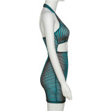 Summer Women Halter Neck Sexy Crop Contrasting Stripes Bodycon Dress