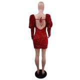 Women Sequin Backless Shoulder Pad Puff Sleeve Party mini Dress