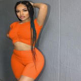 Women Pleated Crop Top And Shorts Sexy Solid Two Piece Set