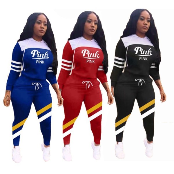 Women's Autumn Winter Fashion Sports Letter Print Hooded Casual Two Piece Pants Set