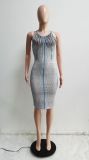 Women Summer Striped Print Sleeveless Bodycon Dress