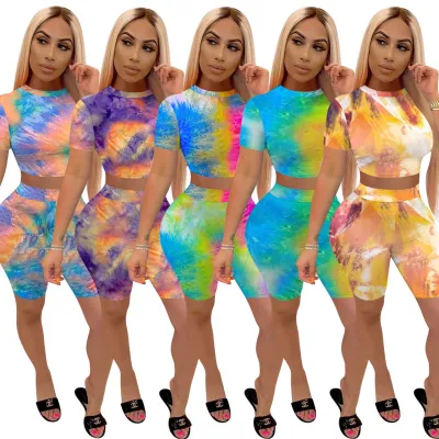 Women's Low Back Lace-Up Tie Dye Print Short Sleeve Two Piece Shorts Set