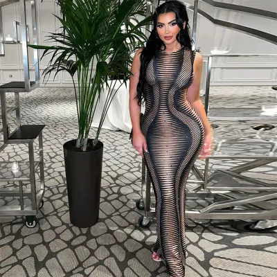 Women Summer Print Fit Round Neck Sleeveless Slit Dress
