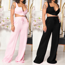 Summer Women Solid sexy crop top and loose wide leg pants two-piece set