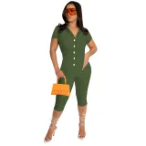 Women Summer Solid V-Neck Slit Shirt Top And Capri Pants Two-Piece Set